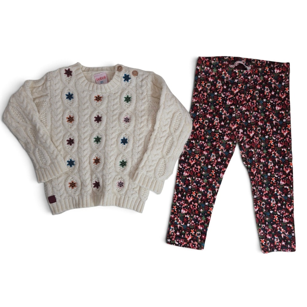 BOBOLI Sweater Leggings Set Girl 18M Floral Corduroy Cream Cable Knit 2pc Outfit